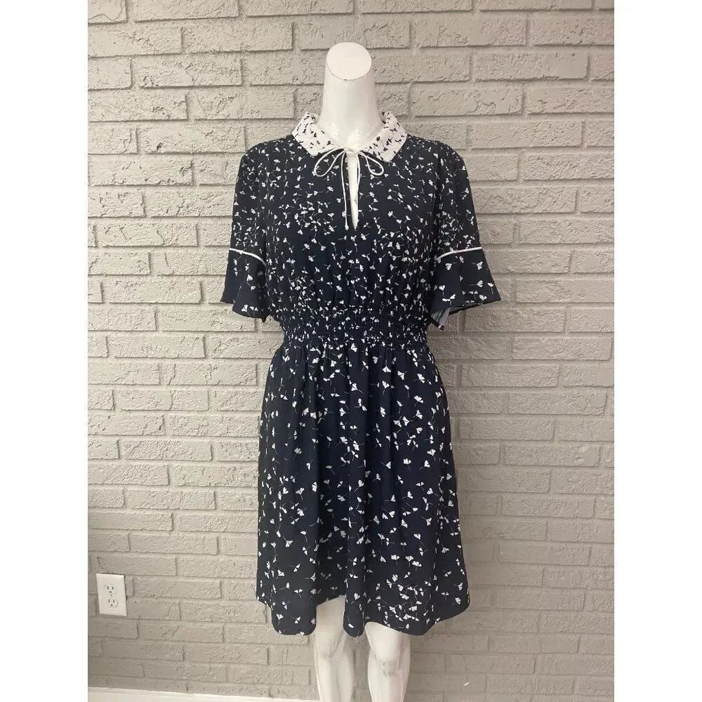 French Connection Navy / White Smock Waist Dress with Pockets Size 8